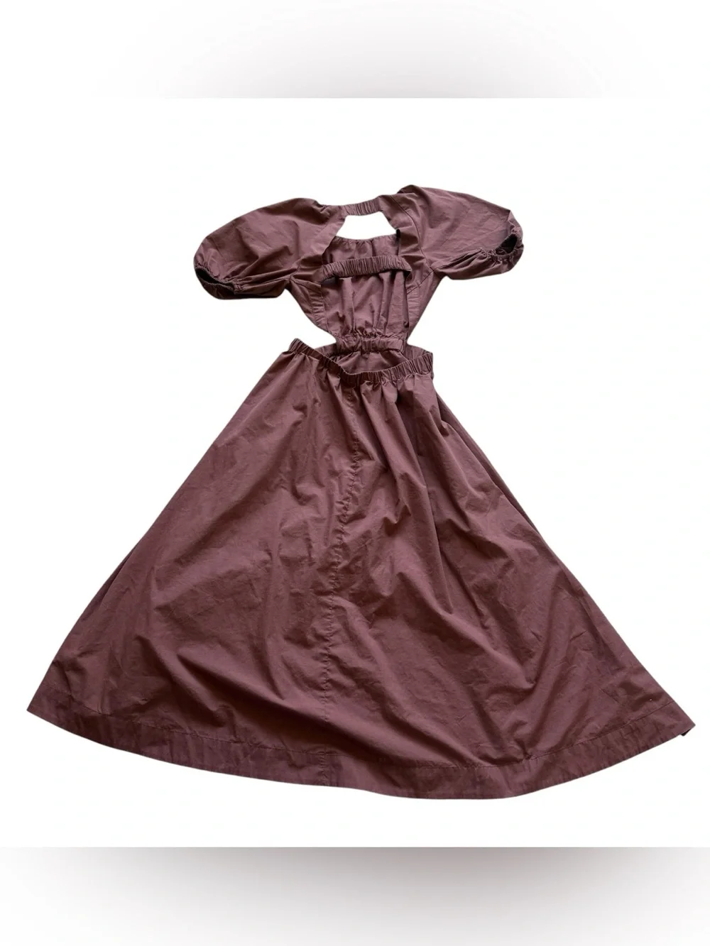 Abercrombie Ruched Puff Sleeve Cutout Midi Dress S Petite Brown Poplin Romantic